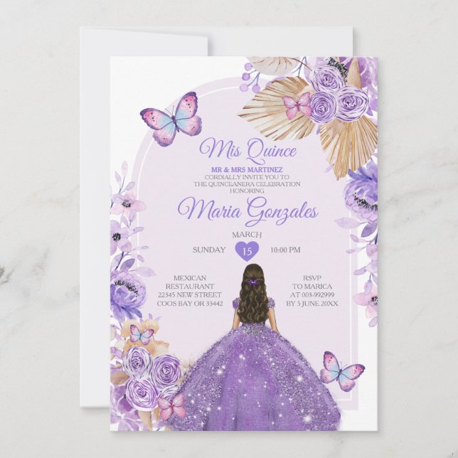 Invitation Boho Purple Mis Quince Lavande 15 Anos Crown (Devant)