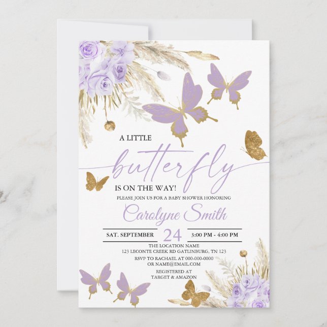 Invitation Boho Purple Pampas Grass Baby shower papillon (Devant)