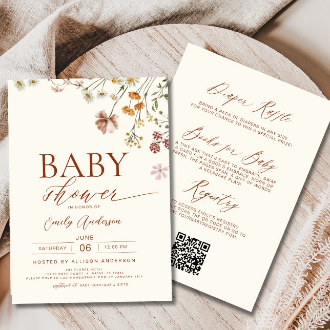 Invitation Boho QR Code Fleur sauvage tout en un Baby shower (Créateur téléchargé)
