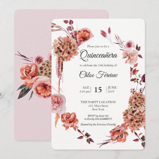Invitation Boho Quinceañera (Devant / Derrière)