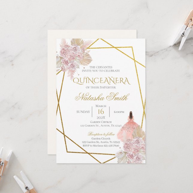 Invitation Boho Quinceanera (Devant/Arrière en situation)
