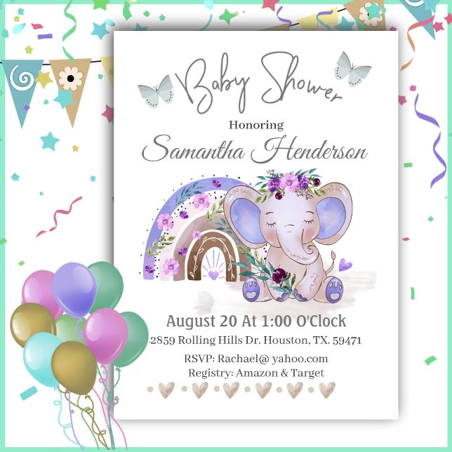 Invitation Boho Rainbow Baby Elephant Baby shower (Créateur téléchargé)