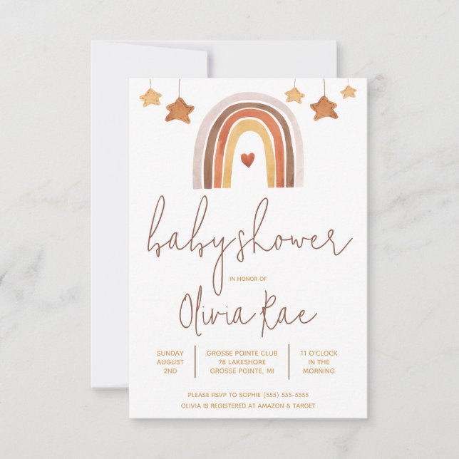 Invitation Boho Rainbow et Stars Baby shower non sexiste (Devant)