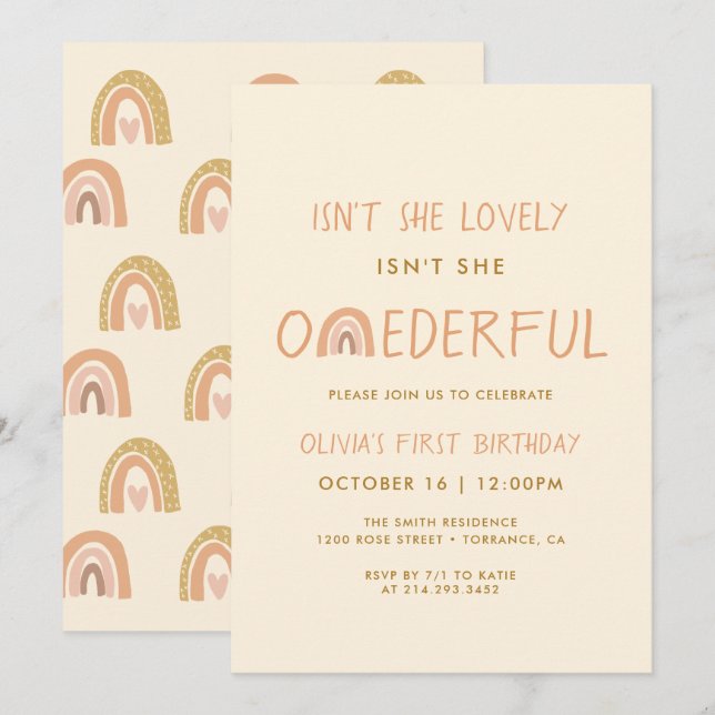 Invitation Boho Rainbow Girl Lovely First Onederday (Devant / Derrière)