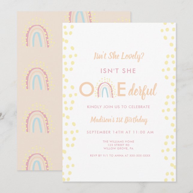 Invitation Boho Rainbow Girl Lovely Onederful Anniversaire (Devant / Derrière)