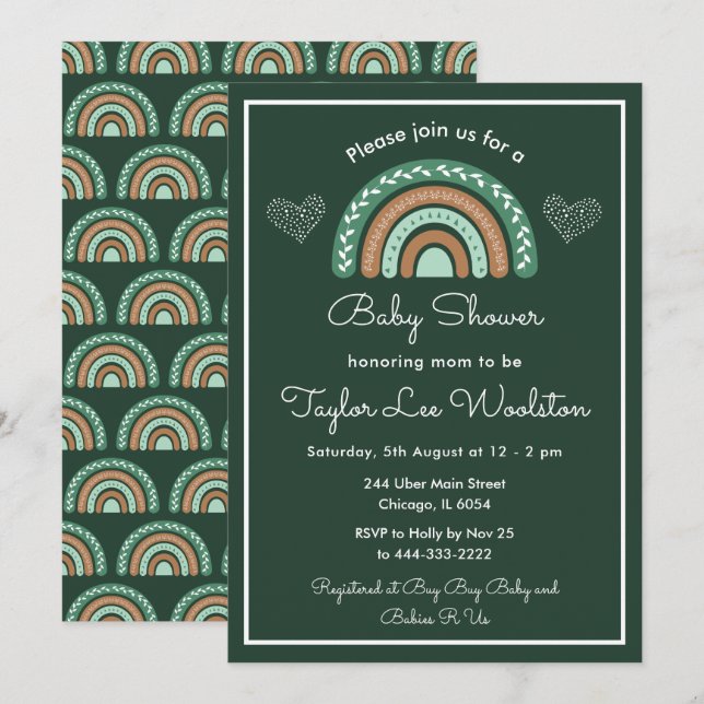 Invitation Boho Rainbow Green et Baby shower Brown (Devant / Derrière)