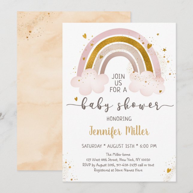 Invitation Boho Rainbow Neutral Gold Baby shower (Devant / Derrière)