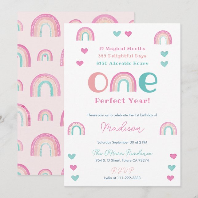 Invitation Boho Rainbow One Perfect Year 1st Birthday Party (Devant / Derrière)