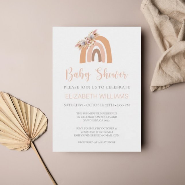 Invitation Boho Rainbow Pampas Grass Floral Baby shower rose (Créateur téléchargé)