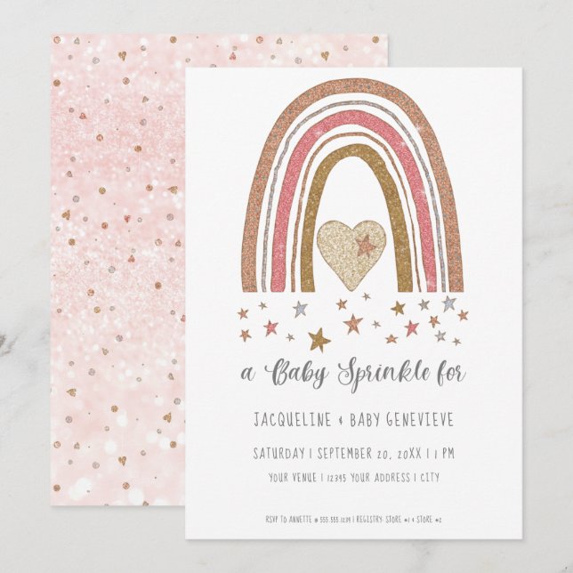 Invitation BOHO Rainbow Parties scintillant Rose Gold Girl Ba (Devant / Derrière)