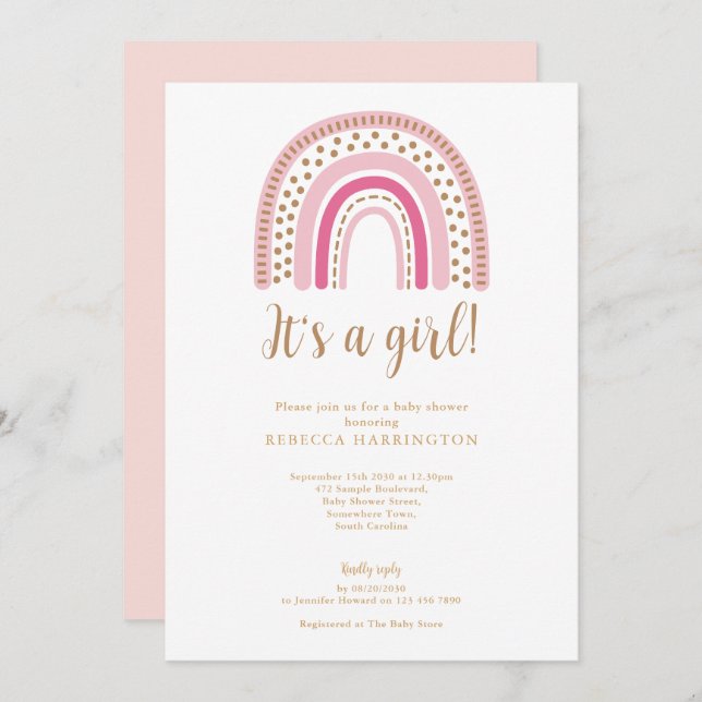 Invitation Boho Rainbow rose Baby shower fille (Devant / Derrière)