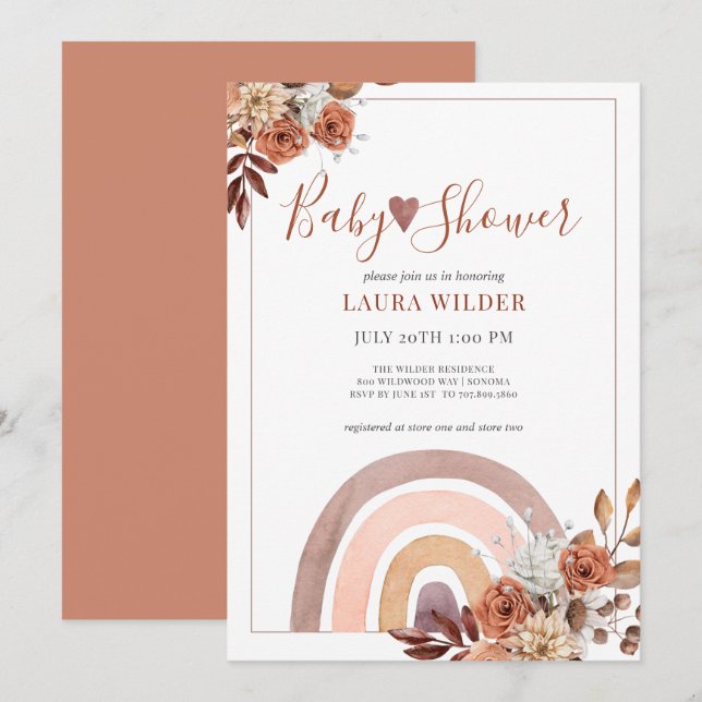 Invitation Boho Rainbow Terracotta Burnt Orange Baby shower (Devant / Derrière)