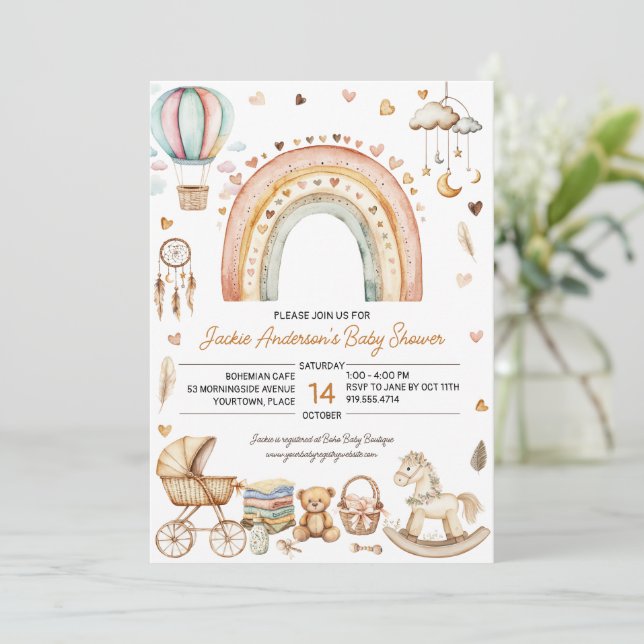 Invitation Boho Rainbow Watercolor Baby shower (Debout devant)