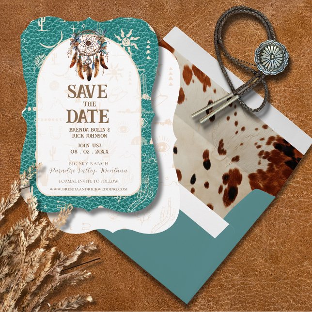 Invitation Boho Ranch Mariage en cuir turquoise Enregistrer l (Boho Ranch Wedding Turquoise Leather Save the Date Card)