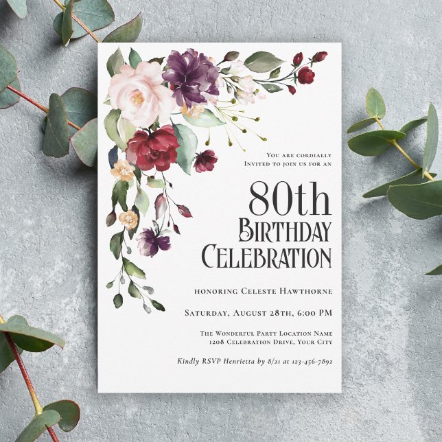 Invitation Boho Red Blush et Purple 80e fête d'anniversaire (Host an 80th birthday party in lovely feminine style with this custom invitation.)