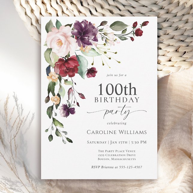 Invitation Boho Red et violet Floral 100e fête d'anniversaire (Available in both printed and instant download digital formats.)
