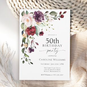 Invitation Boho Red et violet Floral 50e fête d'anniversaire