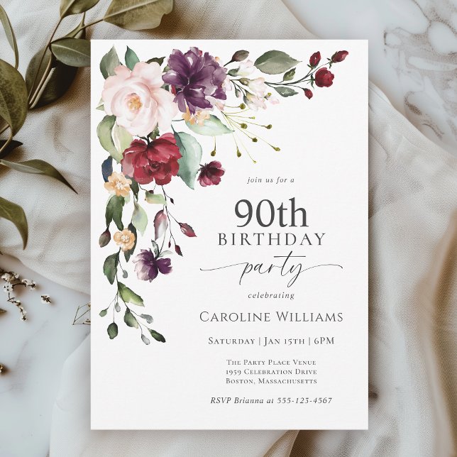 Invitation Boho Red et violet Floral 90e fête d'anniversaire (Available in both printed and instant download digital formats.)