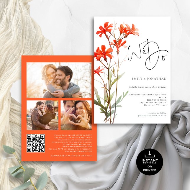 Invitation Boho Red Fleurs sauvages We Do 3 photo QR Mariage (Front and back view)