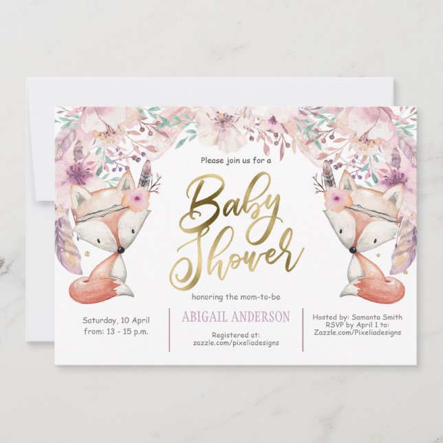 Invitation Boho, Renard des bois, Floral, Bébé fille Douche (Devant)