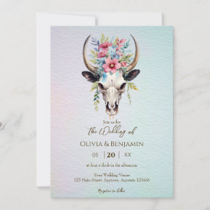Invitation Boho Ressort Aquarelle Floral Vache Mariage crâne