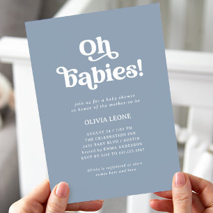 Invitation Boho Retro Dusty Blue   Baby shower jumeaux
