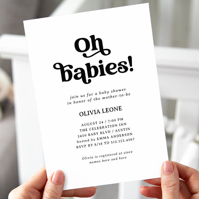 Invitation Boho Retro noir et blanc | Baby shower jumeaux (Créateur téléchargé)