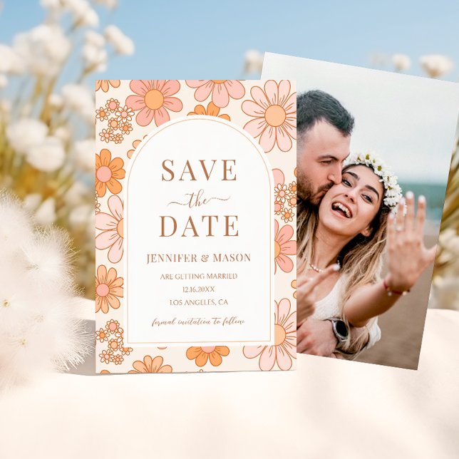 Invitation Boho Retro Orange Daisy Floral Enregistrer La Date (Créateur téléchargé)
