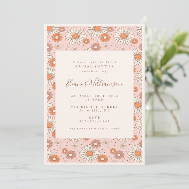 Invitation Boho Retro Pastel Fête des mariées florale rose (Debout devant)