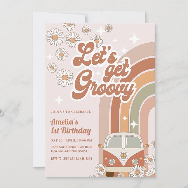 Invitation Boho Retro Super Hippie Floral 70's Anniversaire (Devant)