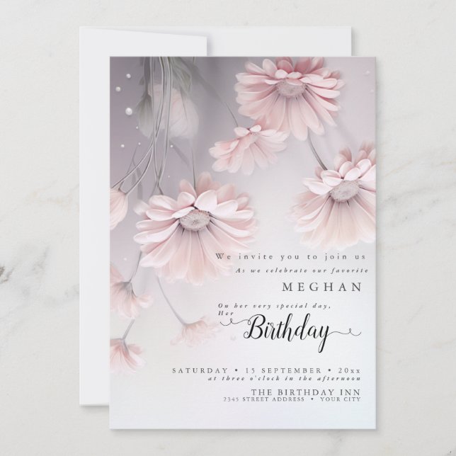 Invitation Boho Rêveuse Fleurs d'anniversaire en Rose (Devant)