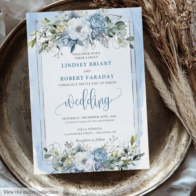 Invitation Boho romantique Pastel Bleu Blanc Fleurs d'argent (Romantic Boho Pastel Blue White Silver Flowers Wedding Invitation)
