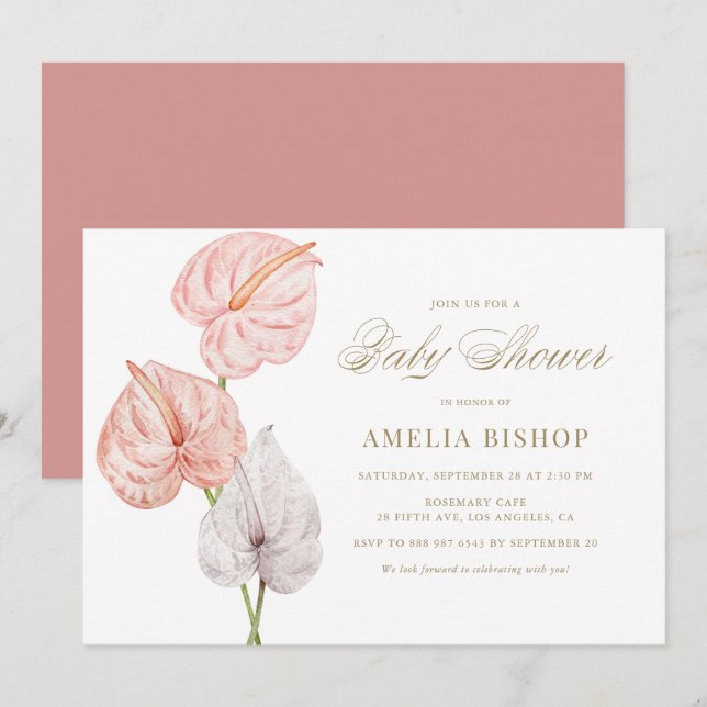 Invitation Boho rose Aquarelle Anthuriums Baby shower Or (Devant / Derrière)
