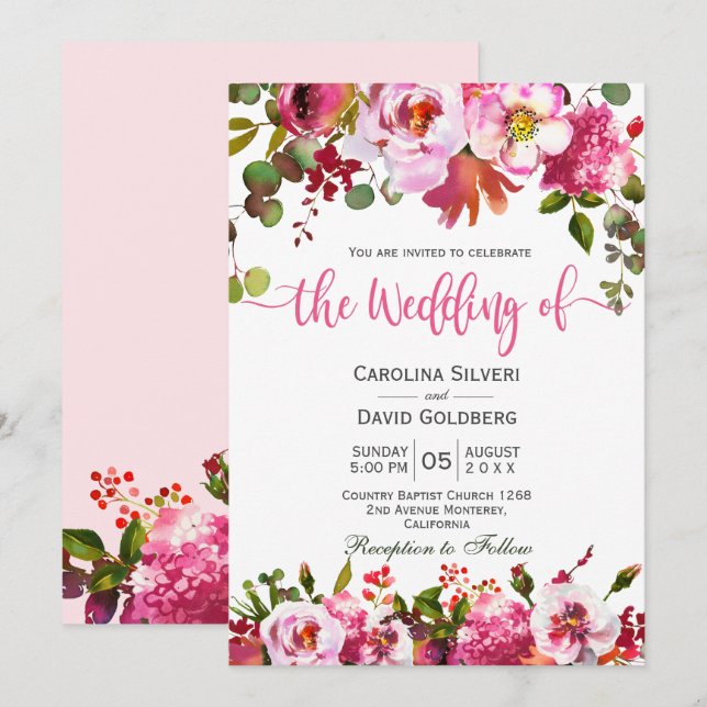 Invitation Boho Rose Aquarelle Florale Typographie Mariage (Devant / Derrière)