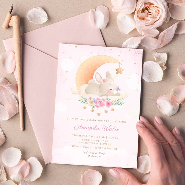 Invitation Boho rose Aquarelle mignonne Baby shower lapin fil (Créateur téléchargé)