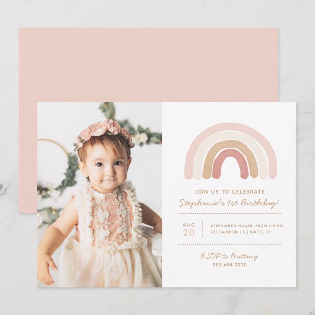Invitation Boho rose arc-en-ciel fille fête d'anniversaire Ph (Devant / Derrière)