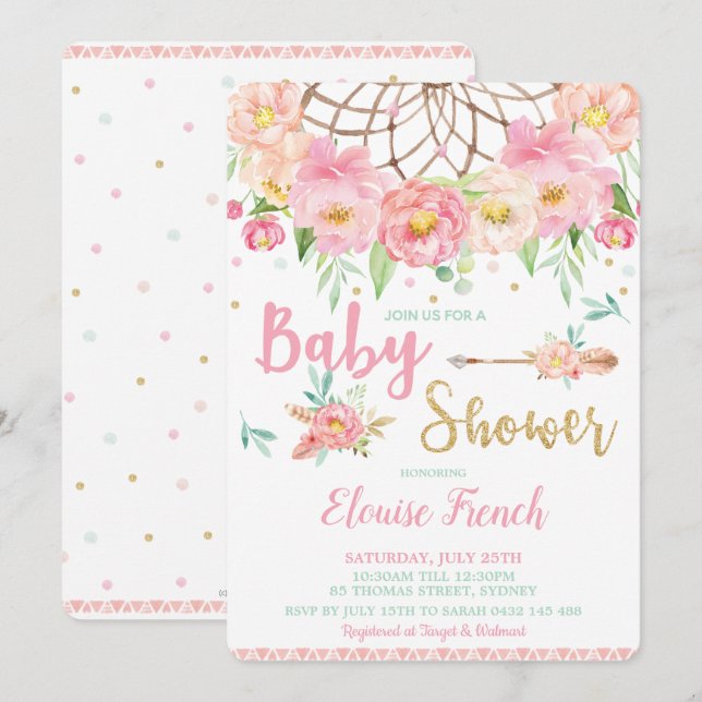 Invitation Boho rose Baby shower Floral Dream Catcher Girl (Devant / Derrière)