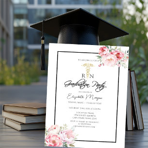 Invitation Boho Rose Black Frame RN Nurse Graduation Party