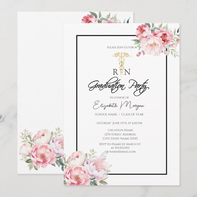 Invitation Boho Rose Black Frame RN Nurse Graduation Party (Devant / Derrière)