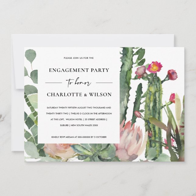 INVITATION BOHO ROSE BLANC FIANÇAILLES FLORAL CACTUS FOLIAGE (Devant)