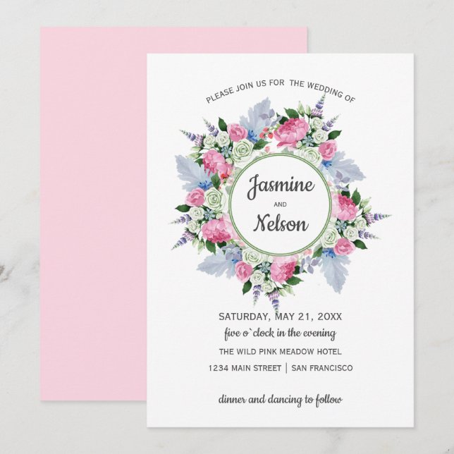Invitation Boho rose blanc Lavande Fleurs cadre Mariage (Devant / Derrière)
