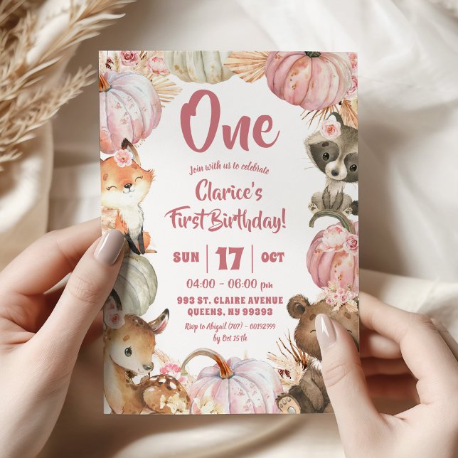 Invitation Boho rose bois Citrouille fille 1er anniversaire (Créateur téléchargé)