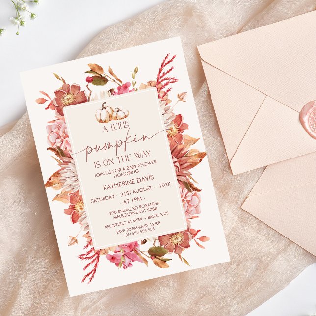 Invitation Boho rose Brown Automne Petit Baby shower Citrouil (Girls Little Pumpkin Baby Shower Invitation Template, Floral Fall Pumpkin Baby Shower Invite Girl)