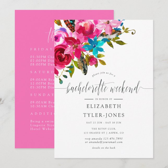 Invitation Boho Rose Chic Floral Bachelorette Agenda Week-end (Devant / Derrière)
