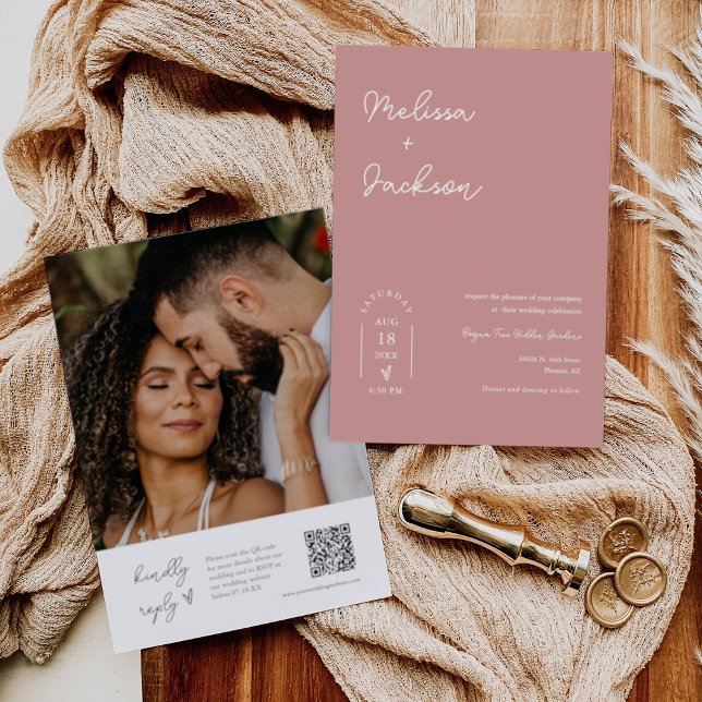 Invitation Boho rose Dusty Minimaliste Mariage QR Code Photo (Créateur téléchargé)