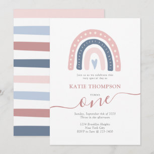 Invitation Boho rose et bleu arc-en-ciel premier anniversaire
