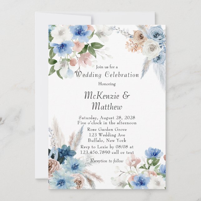 Invitation Boho rose et bleu Peony Pampas Mariage en herbe (Devant)