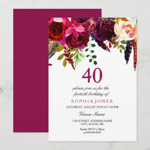 Invitation Boho rose et bordeaux Floral 40e fête d'anniversai