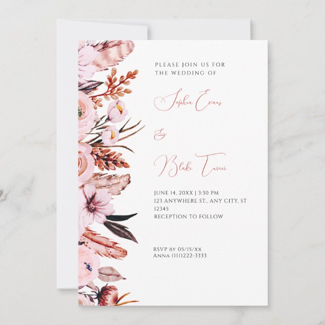 Invitation Boho rose et Brown Fleurs et plumes Mariage blanc (Devant)