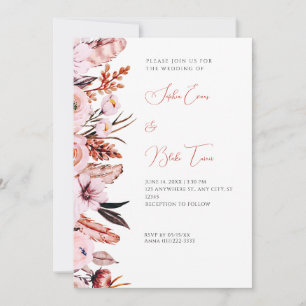 Invitation Boho rose et Brown Fleurs et plumes Mariage blanc